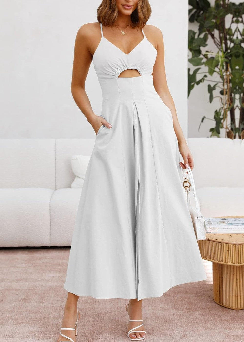Joly - Robe décontractée de plage à col en V sans manches avec découpe et fente, avec poches