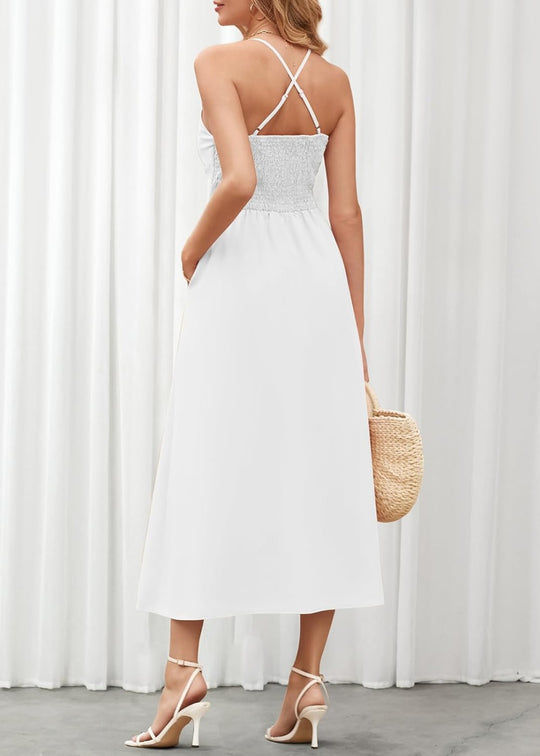 Joly - Robe décontractée de plage à col en V sans manches avec découpe et fente, avec poches