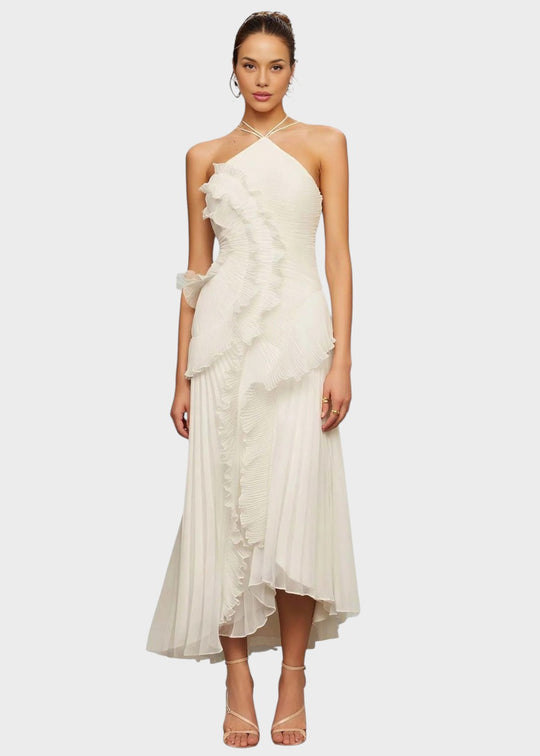 Robe élégante à col licou avec volants en cascade - Vichy Signature