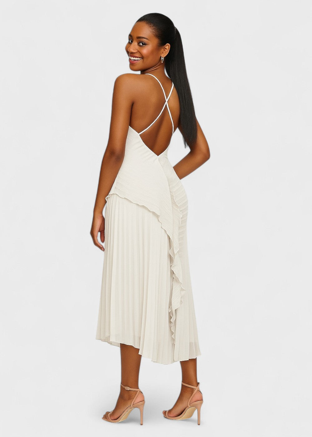 Robe élégante à col licou avec volants en cascade - Vichy Signature