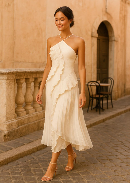 Robe élégante à col licou avec volants en cascade - Vichy Signature