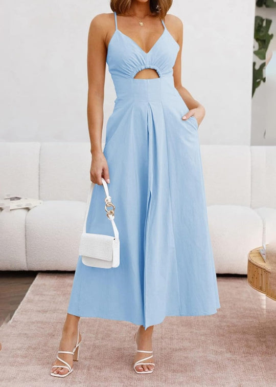 Joly - Robe décontractée de plage à col en V sans manches avec découpe et fente, avec poches