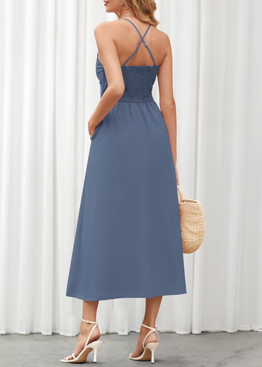 Joly - Robe décontractée de plage à col en V sans manches avec découpe et fente, avec poches