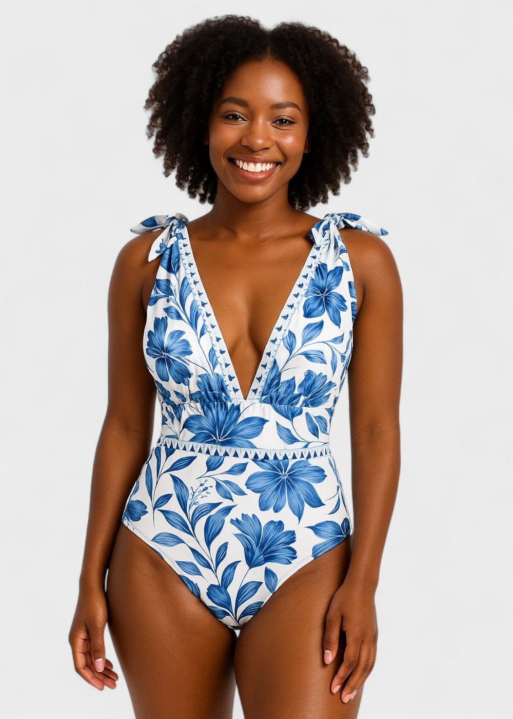 Maillot de bain bleu bohème à fleurs avec décolleté en V et jupe, lacé devant