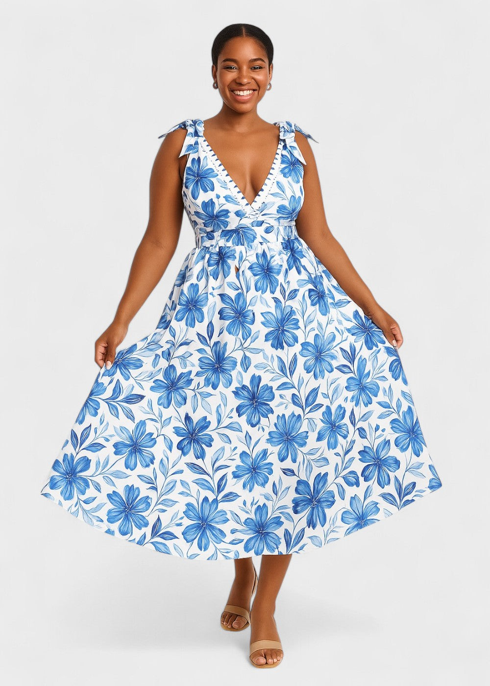 Maillot de bain bleu bohème à fleurs avec décolleté en V et jupe, lacé devant