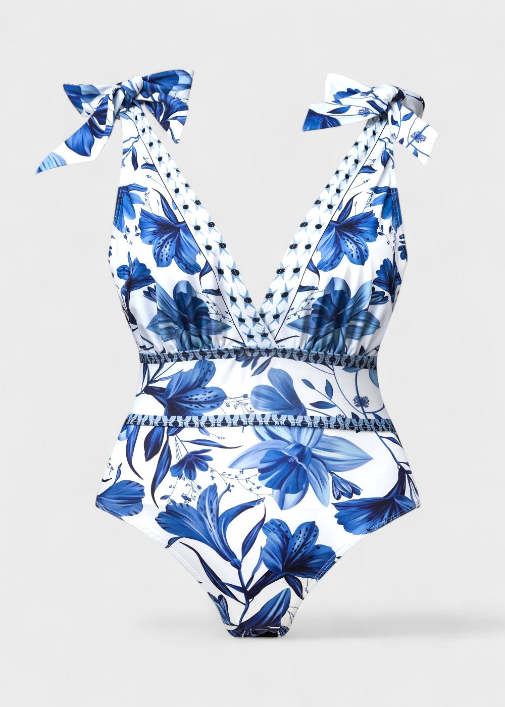 Maillot de bain bleu bohème à fleurs avec décolleté en V et jupe, lacé devant