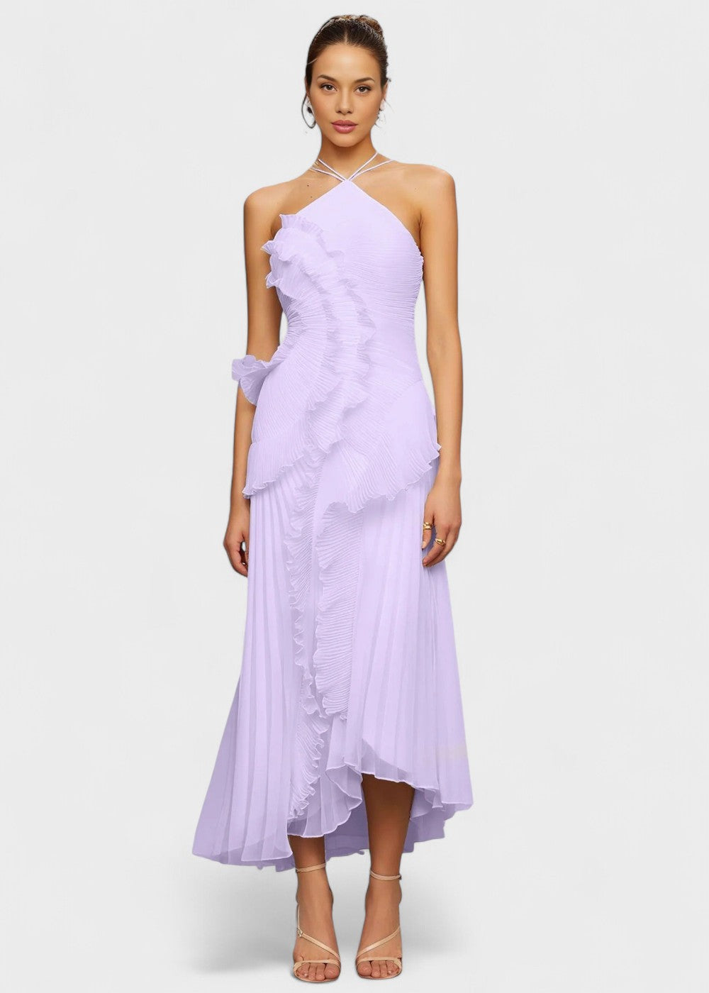 Robe élégante à col licou avec volants en cascade - Vichy Signature