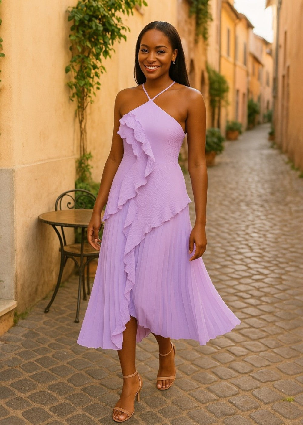 Robe élégante à col licou avec volants en cascade - Vichy Signature