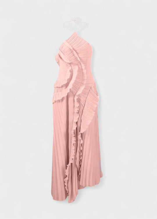 Robe élégante à col licou avec volants en cascade - Vichy Signature