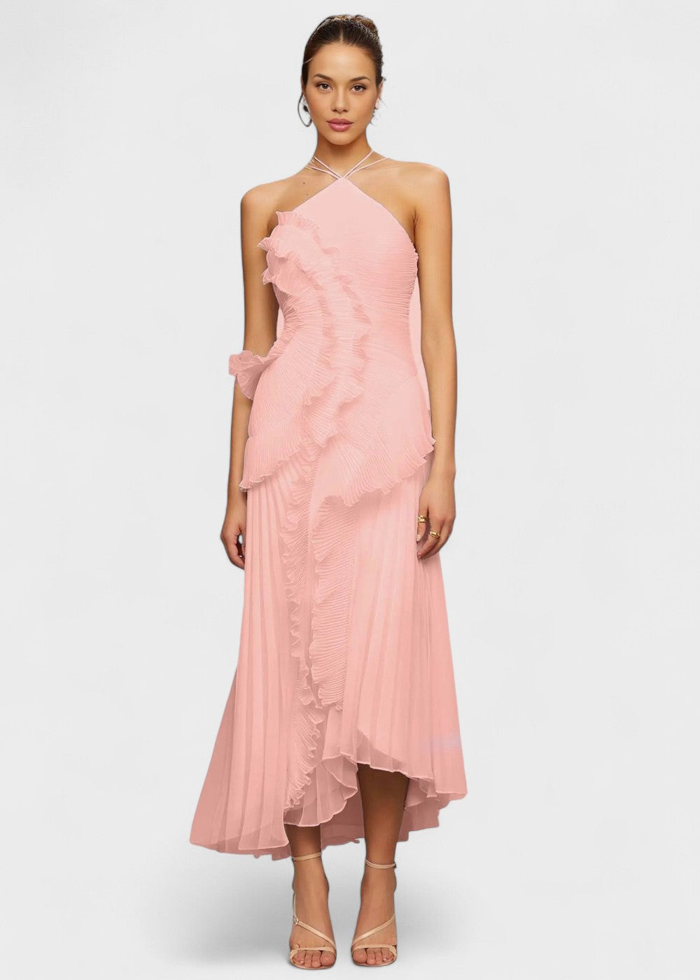 Robe élégante à col licou avec volants en cascade - Vichy Signature