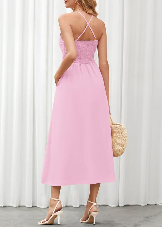 Joly - Robe décontractée de plage à col en V sans manches avec découpe et fente, avec poches