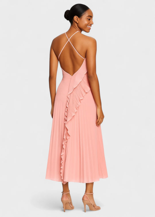 Robe élégante à col licou avec volants en cascade - Vichy Signature